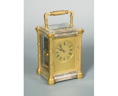 A 19th century French gilt brass and silver plated repeating carriage clock, the pillar cornered case with gong striking move