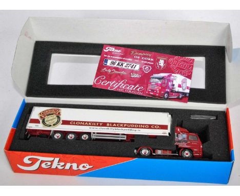 A Tekno 1/50 scale model of a Scania V8 450 Dempsey of Cork tractor unit with Clonakilty Black Pudding Company refrigerated t
