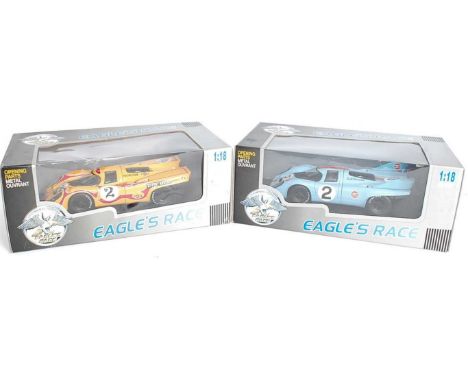 An Eagles Race 1/18 scale model Porsche 917K boxed diecast group, two examples to include a Kyalami Porsche 917 No. 2 race ca