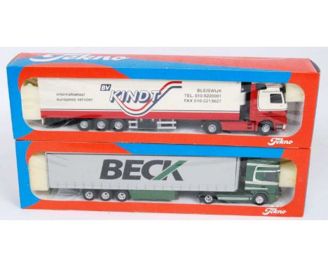 A Tekno 1/50 scale boxed road haulage diecast group to include a Beck Scania 164L tractor unit with curtainside trailer, toge