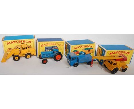 Four various boxed Matchbox Regular Wheels commercial and farming diecasts to include No. 72 Fordson Major, No. 11 Jumbo Cran