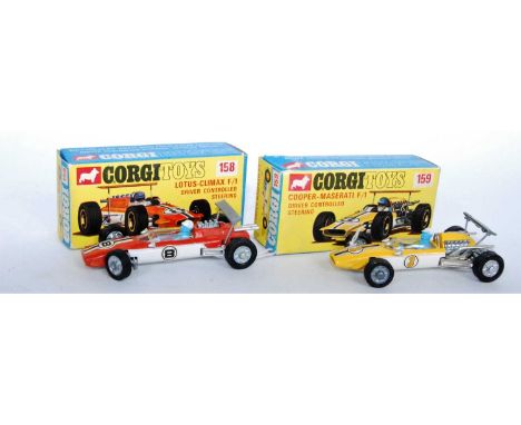 A Corgi Toys boxed F1 racing car diecast group to include No. 159 Maserati F1 racing car comprising yellow and white body wit