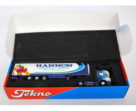A Tekno 1/50 scale boxed model of a Scania R500 Hannon Transport tractor unit and refrigerated trailer, housed in the origina