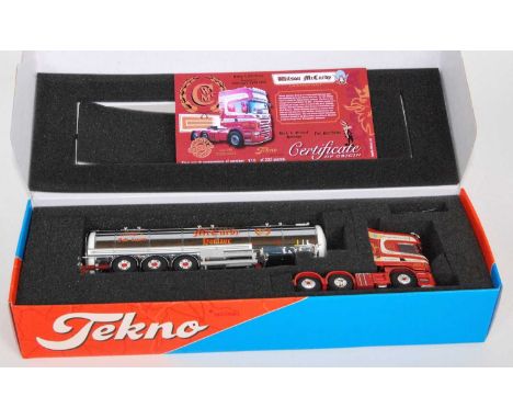 A Tekno 1/50 scale boxed model of a Wilson McCurdy Scania R620 Topline tractor unit with bulk haulage fuel tanker trailer, ho