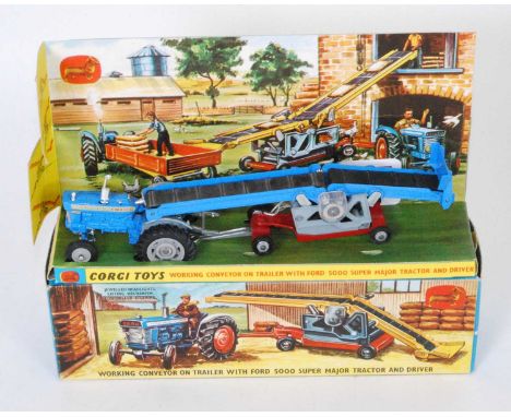 A Corgi Toys No.47 Ford 5000 Super Major tractor with working conveyor on trailer gift set, missing driver figure otherwise c