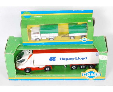 A Gama plastic and diecast vehicle group, to include No.4294 a Hapag-Lloyd articulated tractor unit and trailer, and a No.929