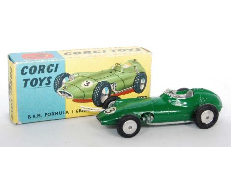 A Corgi Toys No. 152 BRM F1 Grand Prix racing car comprising green body with silver interior and spun hubs, housed in the ori