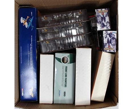 One box containing a quantity of mixed scale boxed and plastic  cased diecast aircraft, to include Corgi Aviation Archive, Co