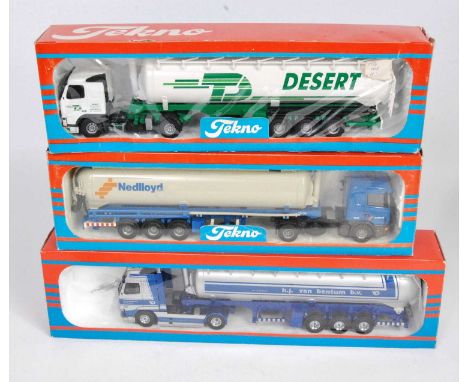 Three various boxed Tekno 1/50 scale road haulage fuel tanker and silo tractor unit and trailer diecast group to include a HJ