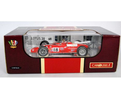 A Carousel 1 No. 5202 1/18 scale model of a Lotus 38 1966 Indy 500 race car, racing No. 18, as driven by Al Unser, with STP O