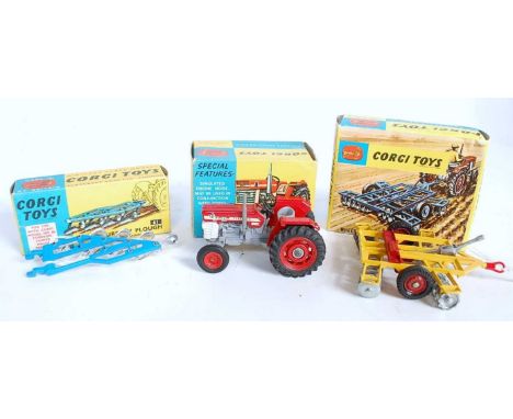 A Corgi Toys boxed tractor and farm implement diecast group to include No. 66 Massey Ferguson 165 tractor (VG,BVG) together w