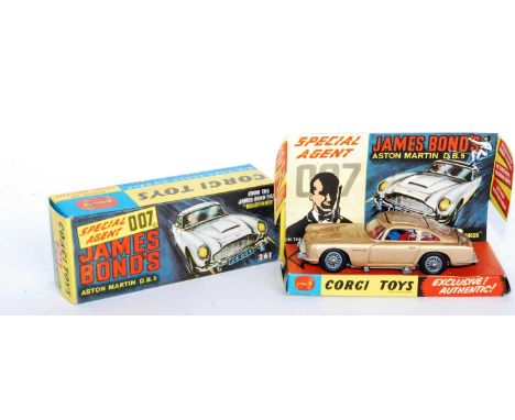 A Corgi Toys No. 261 James Bond Aston Martin DB5 comprising gold body with red interior and wire work hubs, mechanisms in ful