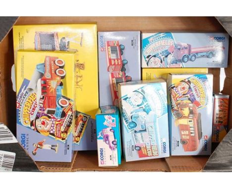 Nine various boxed Corgi Classics Chipperfields Circus and Showman's Range diecast vehicles and accessories, nine boxed as is
