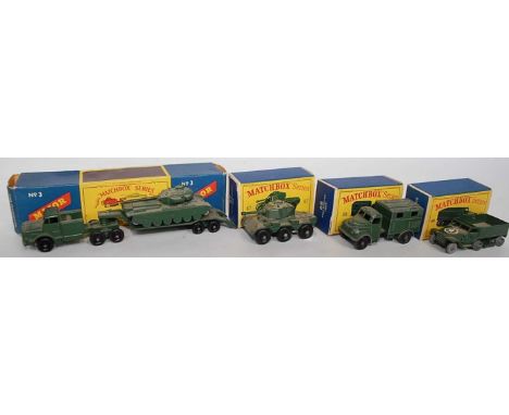 Four various boxed Matchbox Regular Wheels military diecasts to include No. 49 Army Half Track Mk3 (missing rear tracks), No.