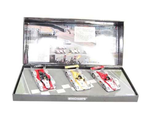 A Minichamps model No. 402 020123 1/43 scale boxed Infineon Audi R8 Le Mans 2002 gift set, appears as issued in the original 