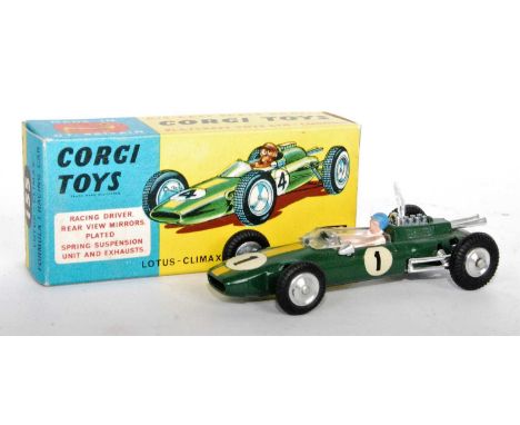 A Corgi Toys No. 155 Lotus Climax F1 Grand Prix racing car, comprising of green body with yellow racing stripe, Racing No. 1,