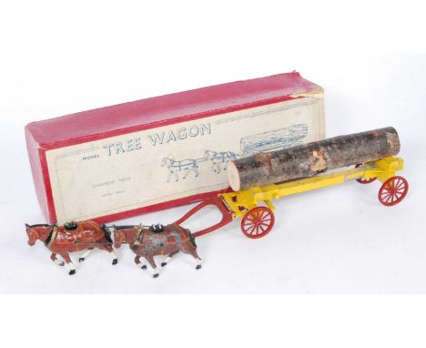 A Charbens series boxed model tree wagon, comprising of twin horse-drawn yellow and red log trailer, with log load, housed in