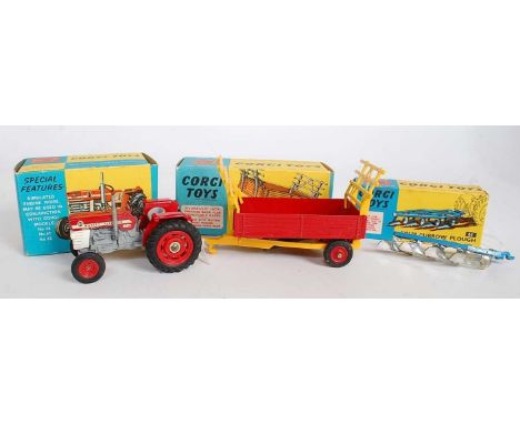 A Corgi Toys boxed tractor and farm implement diecast group to include a No. 66 Massey Ferguson 165 tractor (NM,BNM) together