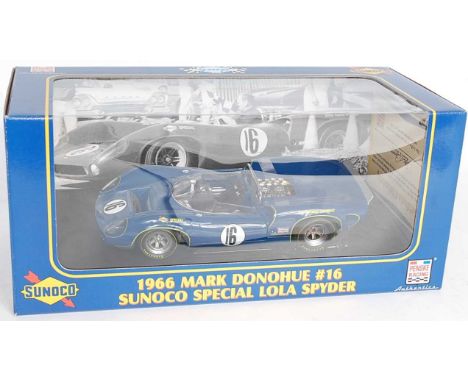 A GMP model No. 12002 1/18 scale model of a 1966 Mark Donohue No. 16 Sunoco Special Lola Spider, appears as issued in the ori