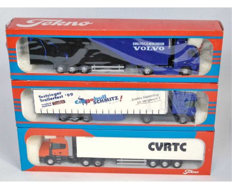 Three various boxed Tekno 1/50 scale road transport diecasts to include a Cargo Bull Schmitz Trucker of the Year 1999 Scania 