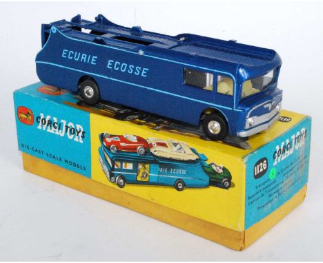 A Corgi Toys No. 1126 Ecurie Ecosse racing car transporter comprising of metallic blue body with light blue lettering, yellow