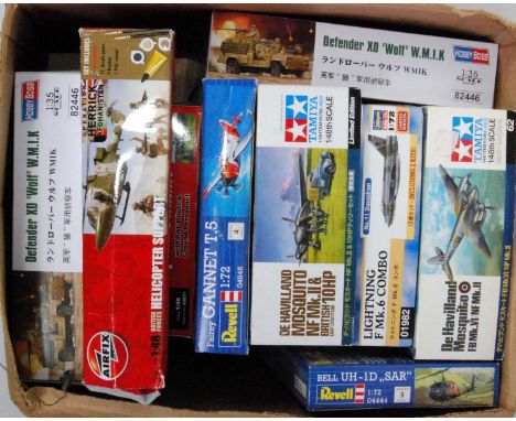 Nine various boxed mixed scale plastic Military and Aircraft vehicle kits to include a Tamiya 1/48 scale De Havilland Mosquit