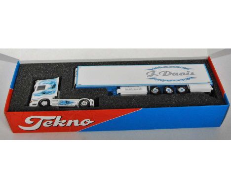 A Tekno 1/50 scale J Davis model of a Scania Topline tractor unit with refrigerated trailer, with artistically detailed paint