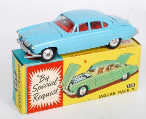 Corgi Toys, 238, Jaguar Mark X, light blue body with red interior, spun hubs, with luggage load, in the original blue and yel