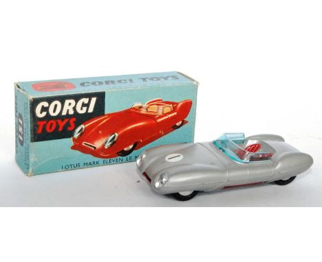 A Corgi Toys No. 151 Lotus Mk11 Le Mans race car, comprising silver body with red interior, spun hubs and racing No. 1, house