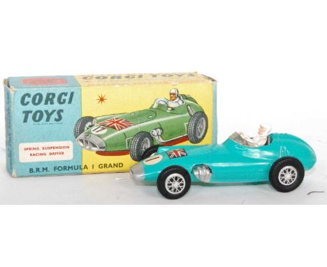 A Corgi Toys No. 152S BRM F1 Grand Prix race car comprising of turquoise body, racing No. 1, and Union Jack transfer to bonne