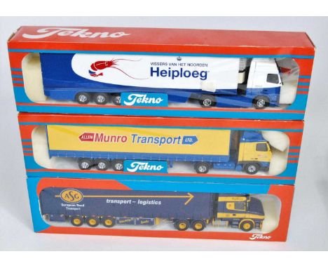 A Tekno 1/50 scale boxed road haulage diecast group to include a Munro Transport Volvo 420 tractor unit with curtain side tra