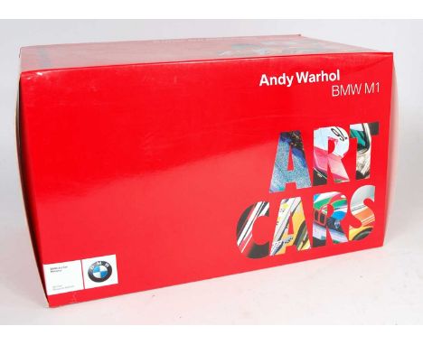 A Minichamps BMW Art Car Museum edition 1/18 scale model of an Andy Warhol BMW N1 M1 appears as issued in original polystyren