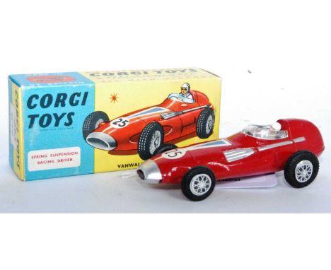 A Corgi Toys No. 150S Vanwall F1 Grand Prix car, comprising of red body with racing No. 25 and white driver figure, flat spun