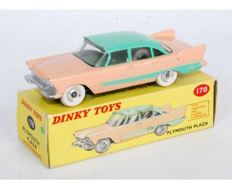 Dinky Toys, 178 Plymouth Plaza, light pink body with light green roof and side flash, spun hubs with white tyres, clear windo