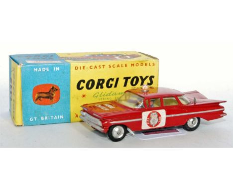 A Corgi Toys No. 439 Chevrolet Fire Chief Patrol Car, comprising of red body with silver flash and spun hubs, with two seated