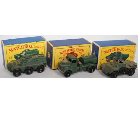 A Matchbox Regular Wheels 1/75 series boxed military diecast group, three examples to include No. 71 Army Water truck, No. 61