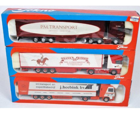 A Tekno 1/50 scale boxed road transport diecast group to include a PM Transport DAF XF 530 with refrigerated trailer, a J Hee