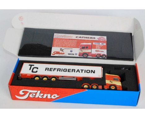 A Tekno 1/50 scale model of a Scania R620, Trevor Cathers tractor unit with refrigerator trailer housed in the original foam 