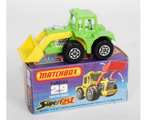A Matchbox Superfast No. 29 tractor shovel finished in lime green with yellow shovel and yellow base, rare example from the G