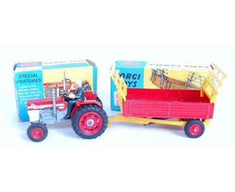 A Corgi Toys boxed tractor and farm implement diecast group to include a Corgi Toys No. 66 Massey Ferguson 165 tractor with d