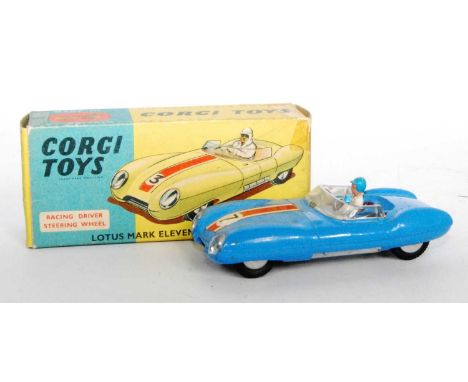 A Corgi Toys No. 151A Lotus Mk11 Le Mans racing car, comprising blue body, red interior and racing No. 7, with driver figure 