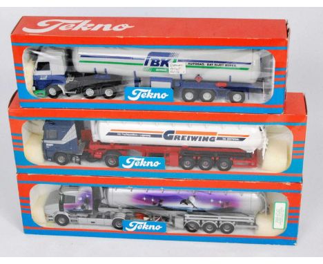 A Tekno 1/50 scale silo and petrol tanker diecast group to include a Scania T-cab tractor unit with silo trailer, finished wi