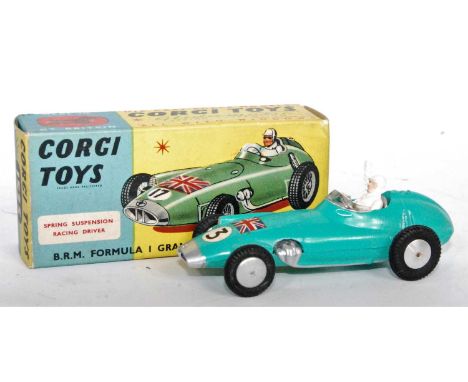 A Corgi Toys No. 152S BRM F1 Grand Prix race car comprising of turquoise body with racing No. 3 and Union Jack transfers, fin