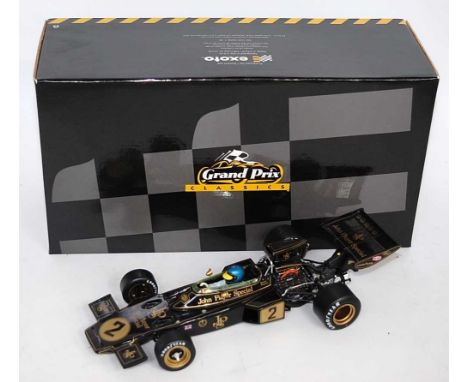 An Exoto Grand Prix Classics 1/18 scale model of a Lotus Ford Type 72D John Player Special Formula One race car comprising of