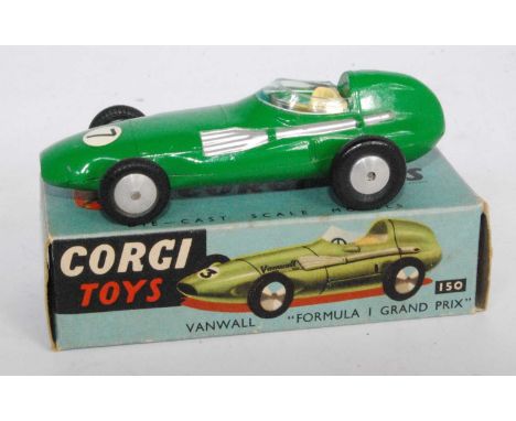 A Corgi Toys No. 150 Vanwall Formula One Grand Prix car comprising green body with silver exhaust, and racing No. 7 housed in