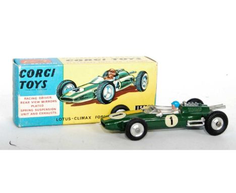 A Corgi Toys No. 155 Lotus Climax F1 Grand Prix racing car, comprising of green body with yellow racing stripe, Racing No. 1,