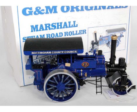 A G&amp;M Originals 1/32 scale white metal and resin model of a Marshall steam road roller comprising of blue body with yello