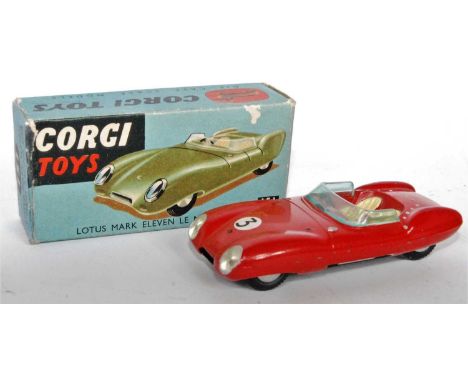 A Corgi Toys No. 151 Lotus Mk11 Le Mans race car, repainted example, finished in red with spun hubs and yellow interior, over