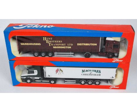 A Tekno 1/50 scale British Transport road haulage diecast group to include a Scania T-cab, Maguires of Cheltenham tractor uni