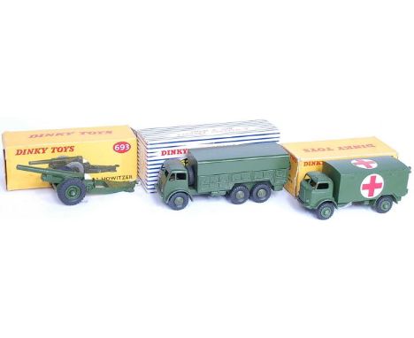 A Dinky Toys boxed Military diecast group, three examples to include No. 622 10 ton Army truck, No. 626 Military Ambulance, a